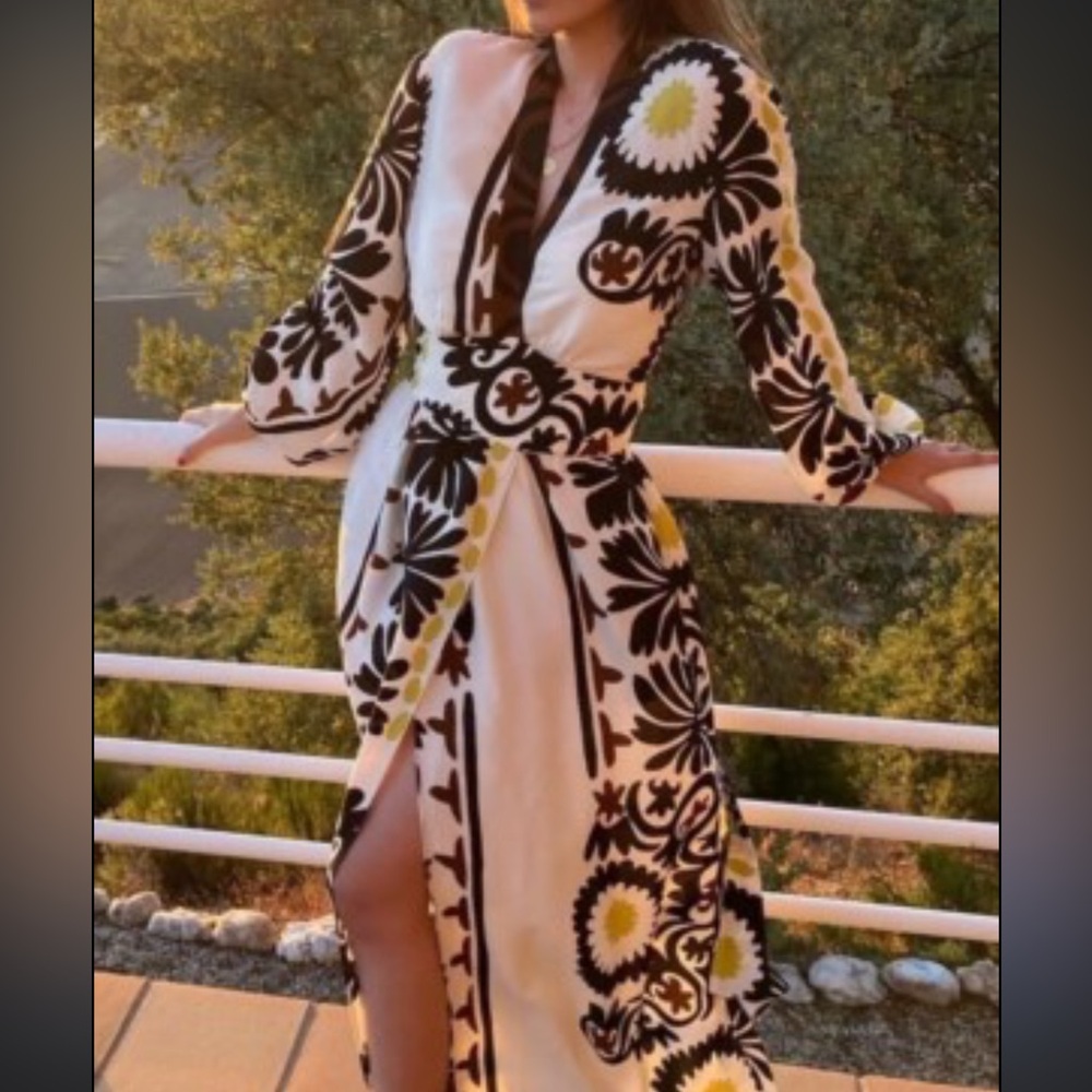 Zara printed wrap maxi gown long sleeve ecru dress - Picture 7 of 13